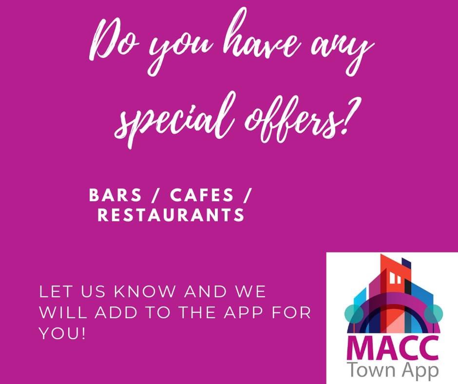 Bars, Cafes and Restaurants in #Macclesfield! Do you have any offers you would like adding to the <a href="/MacclesfieldApp/">MacclesfieldTownApp</a>?

Let us know and we will add for you!

<a href="/CanalsideRadio/">Canalside Radio</a> <a href="/treaclemarket/">Treacle Market</a> <a href="/maccmb/">Macc Means Business</a> <a href="/NChesChamber/">North Cheshire Chamber of Commerce & Enterprise</a> <a href="/FabricITUK/">Fabric IT</a> #spendlocal