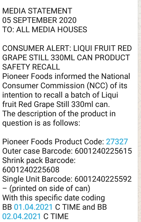Sli_Masikane's tweet image. BREAKING #LiquiFruitRecall The National Consumer Commission says its been informed by Pioneer Foods of its intention to recall a batch of Liqui Fruit Red Grape Still 330ml can.

"the info we have is that they are glass particles found in the product"

@eNCA