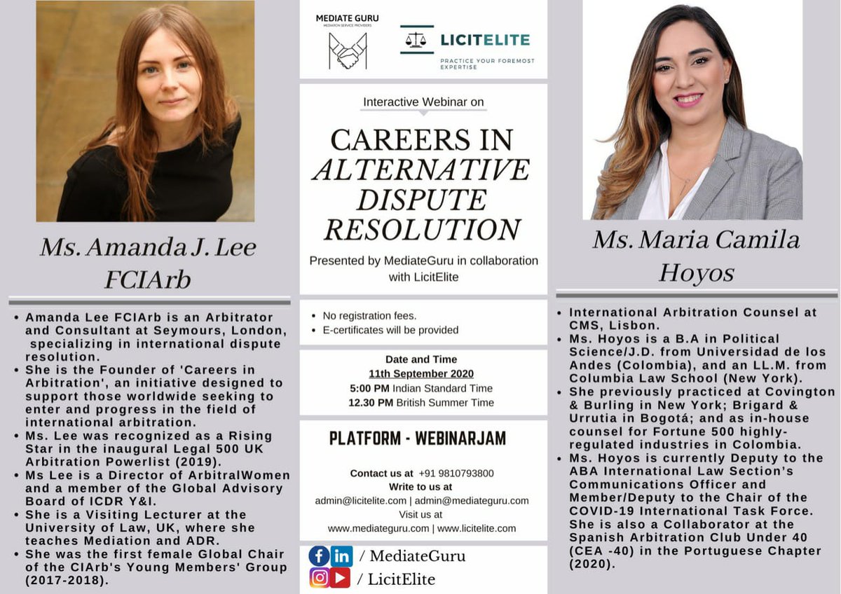 GuruMediate's tweet photo. @GuruMediate and @Licitelite present an Internationational interactive Webinar on "Carrer in Alternative Dispute Resolution" by
@Amanda_JLee
&amp; Ms. Maria Camila Hoyos. Session on 11th September, 2020 at 5pm .
Click here to register - https://t.co/XK0Ythp0wR https://t.co/r4yI3qxtWu https://t.co/HGdArxSoss