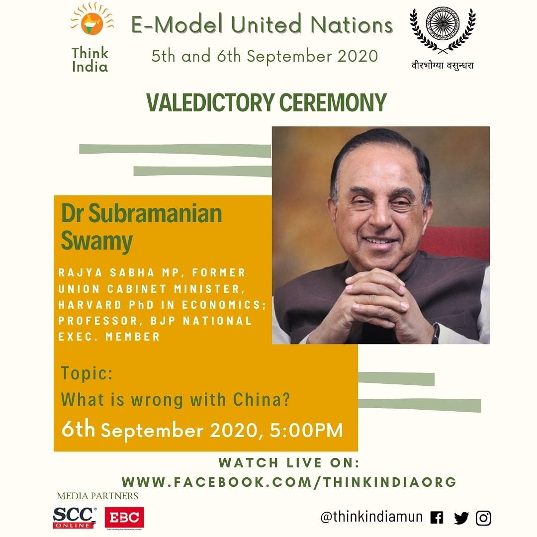 thinkindiamun's tweet photo. We are very honoured to have Dr. Subramanian Swamy ji as the Chief Guest of the Valedictory ceremony.

Hon. Dr.  Swamy will be enlightening us on the topic ''What is wrong with China''

Watch here: 
https://t.co/uAYq0m98sl 

Cc-
@Swamy39 @jagdishshetty https://t.co/LFSCriMrJp