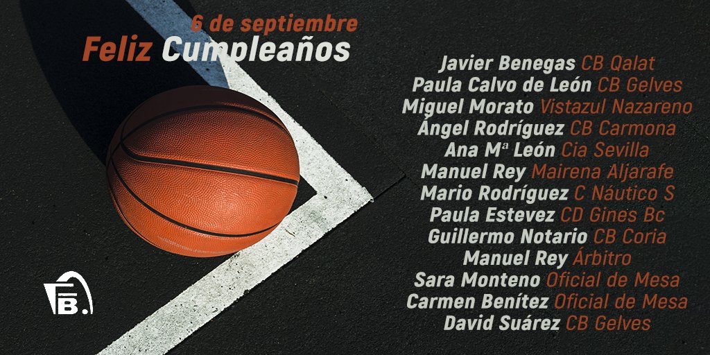 #CumplesFAB
Hoy 6 de septiembre, felicitamos a:
Javier Benegas <a href="/CBQalat/">Club Baloncesto Qalat</a> 
Paula Calvo de León <a href="/CBGELVES/">C.B. GELVES</a> 
Miguel Morato <a href="/cbnazareno/">Club Basket Nazareno</a> 
Ángel Rodríguez <a href="/CBCarmona1/">C.B. Carmona</a> 
Ana Mª León <a href="/CiadeMariaSev/">C.B. CIA Sevilla</a> 
Manuel Rey <a href="/basketmairenalj/">Club Baloncesto MAIRENA DEL ALJARAFE</a> 
Mario Rodríguez <a href="/CNauticoSevilla/">Club Náutico Sevilla</a> 
⬇️Más felicitaciones abajo