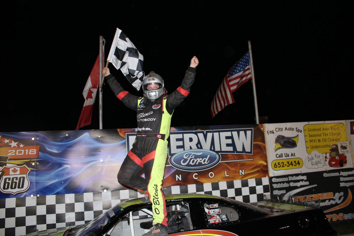 ReprtrPatHealey's tweet photo. Courtney O'Blenis is your winner of the #MartinsHomeHeating 125 on night 2 of #SpeedWeekend at #Speedway660 in Geary, N.B. It was a historic first. Congrats Courtney! Watch for parts of her interview in my local story next week. #Fredericton @OBlenisGirl48 https://t.co/tcLo6GYS16