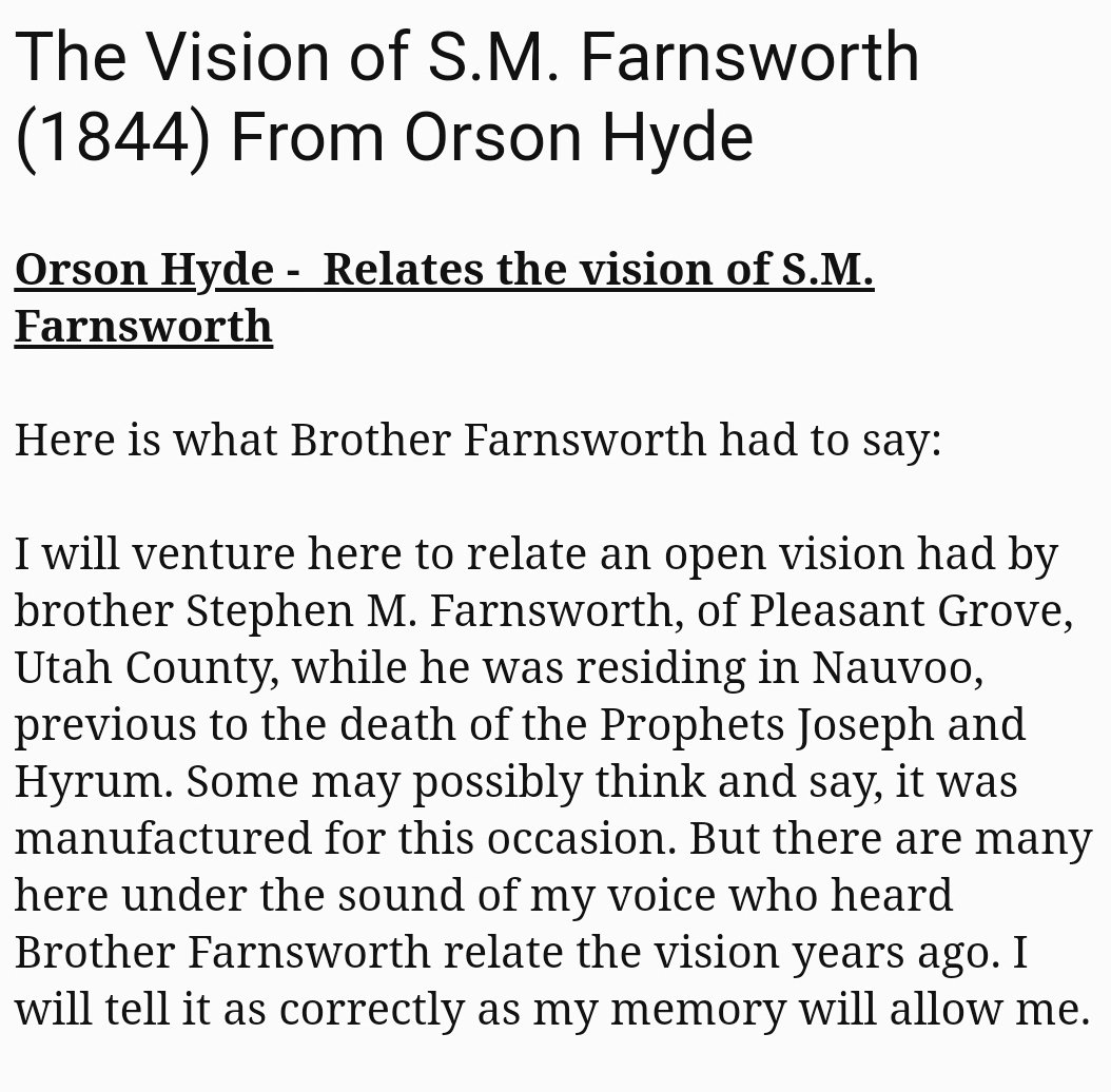 The Vision of S.M. Farnsworth (1844) From Orson Hyde:/*I do not hold extra-canonical or personal visions and dreams of others as doctrine - but I find much value and wisdom in familiarizing myself with them. Patterns emerge & truth is discerned that I apply to my awareness. */>