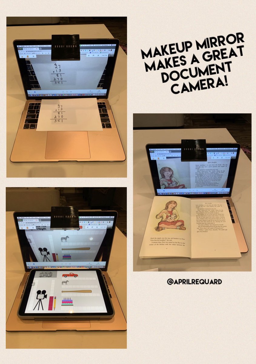 Put a small mirror on your laptop over the camera, open up Zoom or Google Meet and BOOM...you have a document camera! This would also be a great option for kids with Chromebooks to take photos of their written work to upload to Seesaw or Google Classroom! #remotelearning