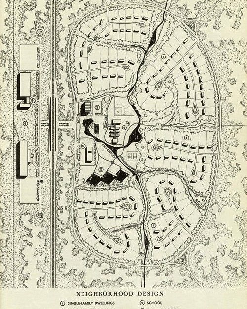 A 1952 Atlanta regional plan supported the development of a low-density, car-oriented design. This image comes from that plan. It shows a neighborhood design that keeps uses detached (single-family homes all in one place, commercial properties located elsewhere).
