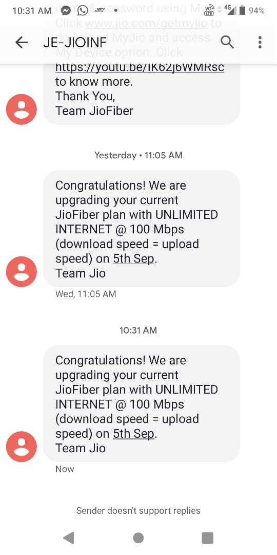 vaibhav__97's tweet photo. I got this message stating that your jio fiber account will be upgraded on sept 5 with unlimited internet at 100mbps(download speed =upload speed) . But still there are no changes reflected in my account. Please look into this @JioCare https://t.co/umWm7iDCKD