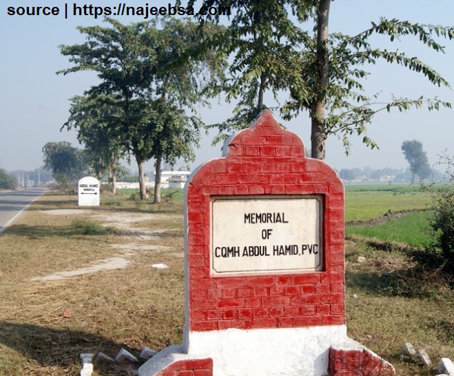 Southeast of Lahore, across the border from sleepy town of Khem Kharan a road leads to BhikiwindAstride this road a little short of the Cheema Khurd is CQMH Abdul Hamid's graveThe mythical 'Tank Buster' of Patton Tanks from 4 Grenadiers whose heroics earned him Param Vir Chakra