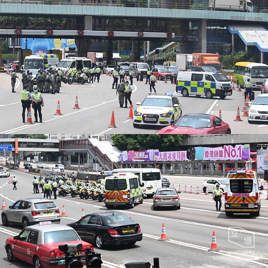 Loads of police cars setting up checkpoints at Cross Harbour Tunnel's exit to Kowloon according to  @StandNewsHK .In less than 2 hours, a rally to oppose  #NSL, oppose Beijing-backed universal  #covid19 test and oppose delay of LegCo election is set to kick off in Kowloon.