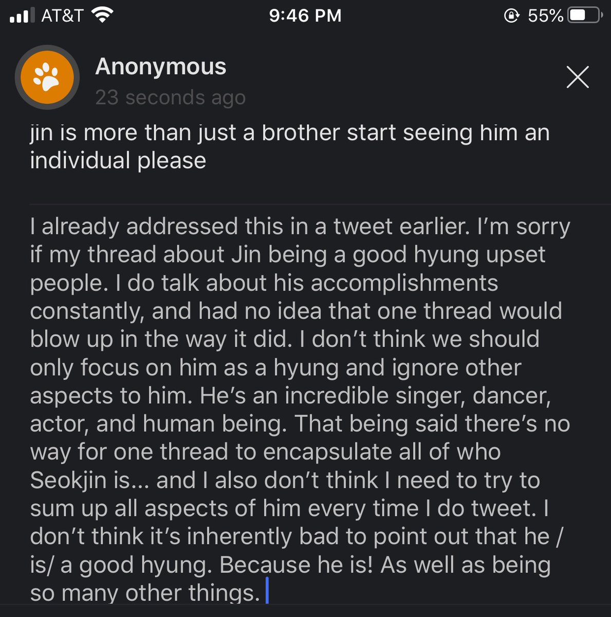 jin is more than just a brother start seeing him an individual please — I already addressed this in a tweet earlier. I’m sorry if my thread about Jin being a good hyung upset people. I do talk about his accomplishments constantly,…  https://curiouscat.qa/JinSquishes/post/1137566930