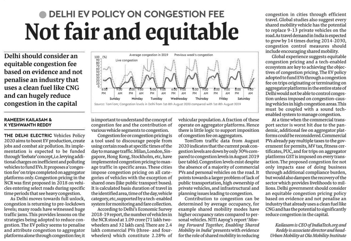 rameeshkailasam's tweet photo. I write on the #congestionfee levy in the #delhiEVpolicy with @Yeshwanth049 of @OlaMobilityInst in @FinancialXpress
While the policy overall is a very good one for the #EV industry, this one aspect on #congestionfee on #aggregators works counter
#ElectricVehicles @IndiatechO https://t.co/g0FxVjxa4I