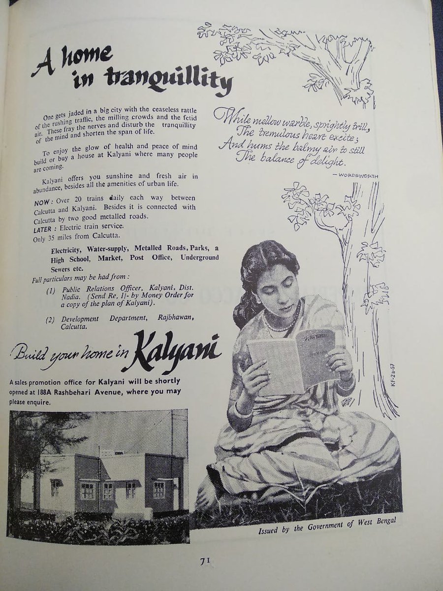 The promises of sunshine, fresh air, and amenities! But the dominant aspect of the image is the woman in faintly Shantiniketani style sari, reading something by Rabindranath Tagore. The Wordsworth quotation is meant to complement the image of the woman reading, of course.