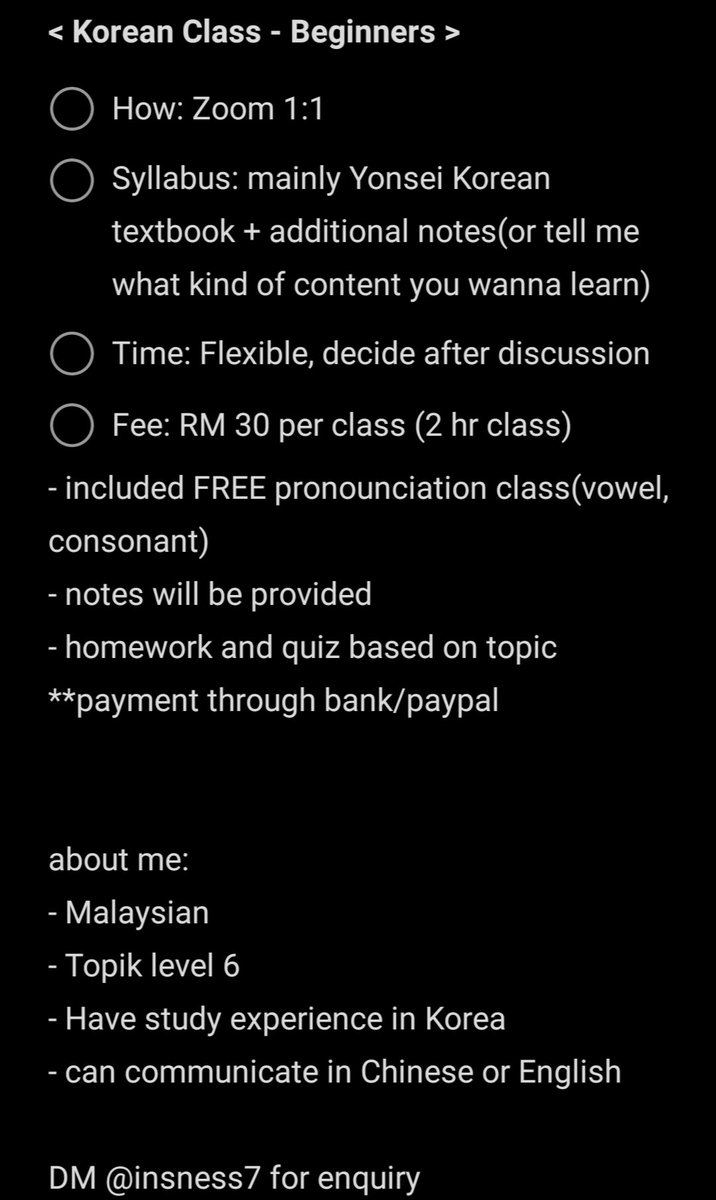 insness7's tweet photo. Help RT
Korean class for beginners~ I set the price low bcuz most of people here are students... Open for all country, can choose to learn in chinese or english
**DM for enquiry
share to your friends and family who want to learn korean
#koreanclass #learnkorean #beginnerkorean https://t.co/3jICm8V2bO