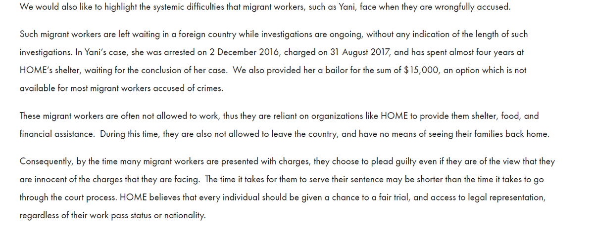  @home_migrantssg calls for systemic reform- right to fair trial, access to legal representation regardless of work pass or nationality of accused persons. HOME also asks that accused migrant workers be allowed to work while their cases are pending verdict.