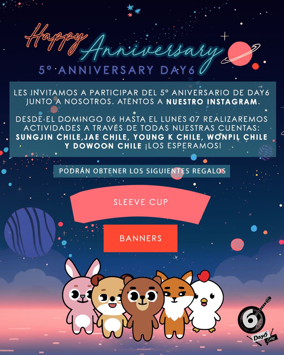 DoWoonChile's tweet photo. [ Happy Anniversary🌗💫✨ ]

¡MyDay, están invitadxs a participar de nuestro segundo proyecto de celebración del aniversario de #DAY6, que consistirá en una serie de trivias mediante Instagram, donde podrán ganar diversos premios!

• { STAFF DAY6CHILE } 💕 https://t.co/hPdKmxdbQs