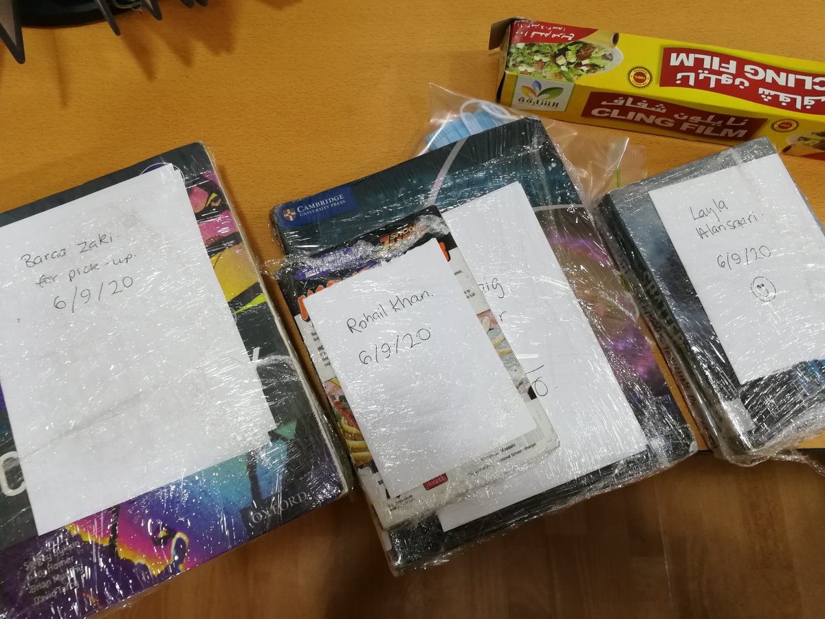 AIS_SchLibrary's tweet photo. The first books ready for the "Click &amp; Collect" library service.  Wrapped in plastic!  For more info email Ms Shirley shirley.roser@ais.ae #aislibrary #aisreading https://t.co/SYfhNPLv9r