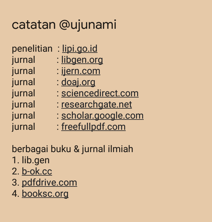 UJunami's tweet photo. kumpulan situs untuk referensi jurnal ilmiah, buku ilmiah, artikel ilmiah, dan penelitian, baik internasional maupun nasional

jangan lagi ada kendala mengerjakan skripsi cuma karena kurang referensi

semoga bermanfaat
dan tetap semangat mengerjakan tugas akhir. sukses selalu! https://t.co/Q6JavNIdyu