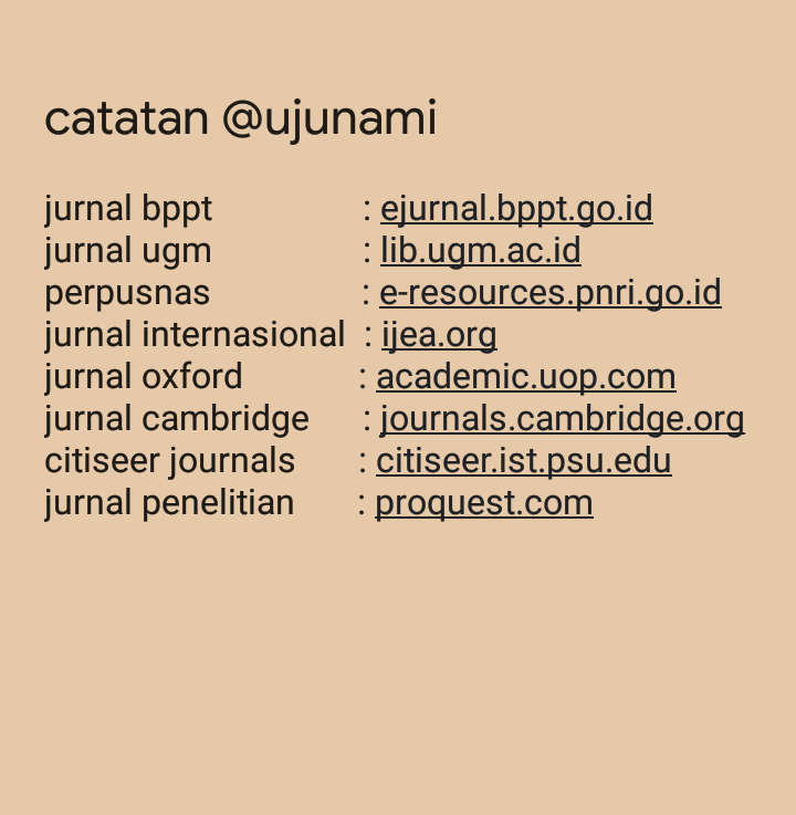 UJunami's tweet photo. kumpulan situs untuk referensi jurnal ilmiah, buku ilmiah, artikel ilmiah, dan penelitian, baik internasional maupun nasional

jangan lagi ada kendala mengerjakan skripsi cuma karena kurang referensi

semoga bermanfaat
dan tetap semangat mengerjakan tugas akhir. sukses selalu! https://t.co/Q6JavNIdyu