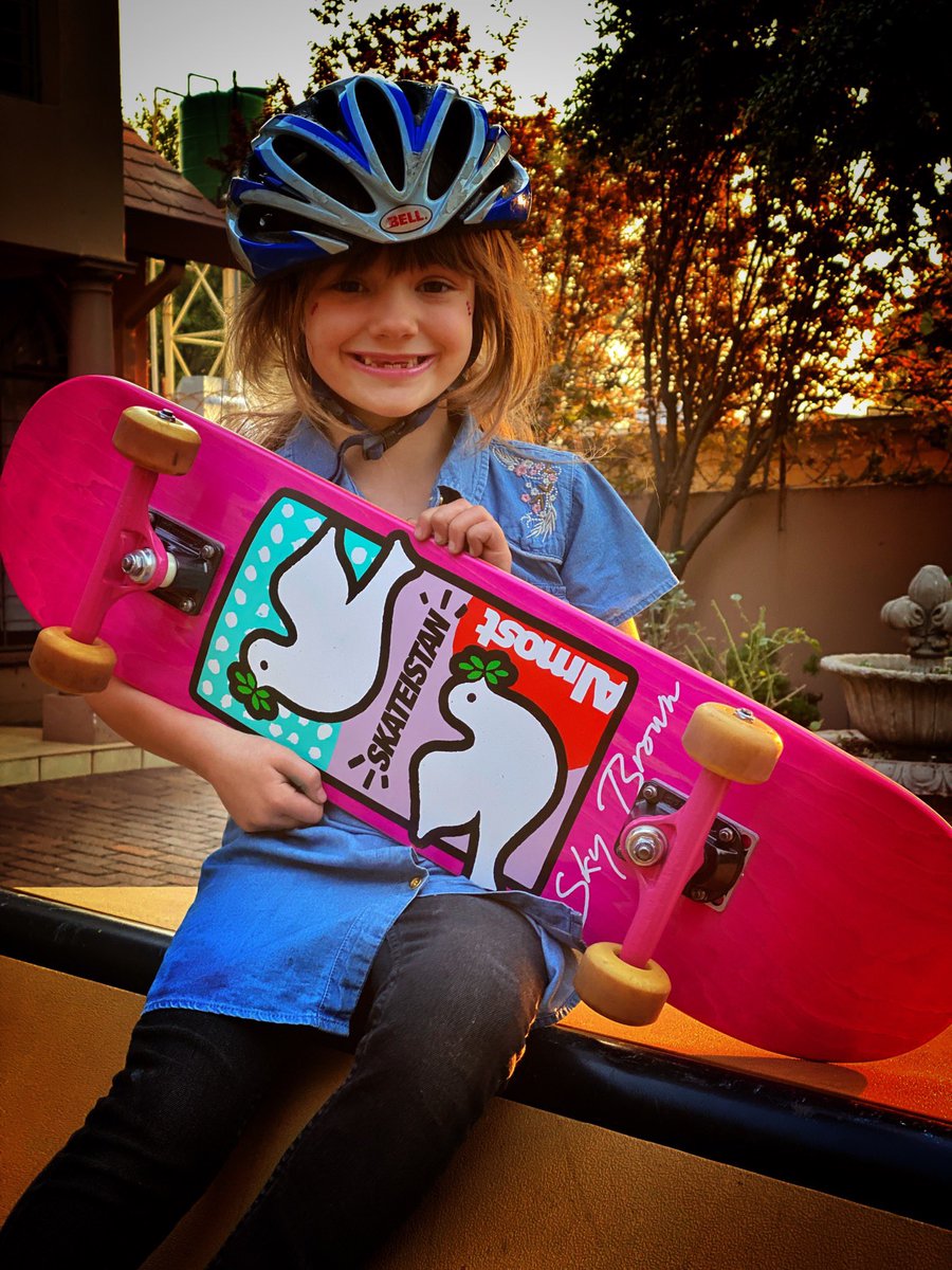 ShaynePix's tweet photo. Custom built this @almostskate #SkyBrown @Skateistan board form my little Velociraptor yesterday. She is over the moon and can’t wait to shred it today. https://t.co/GfmstaAssE