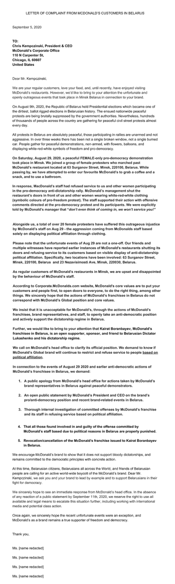MomsDoBusiness's tweet photo. Urgent Letter of Complaint by @McDonalds Customers in Minsk #Belarus sent to President &amp; CEO on #HumanRightsViolations and gross misconduct towards customers by staff due to political association. 
Waiting for a public statement. 
.
@CNN @guardiannews @washingtonpost @BBC @AP https://t.co/kbItaSpgBA