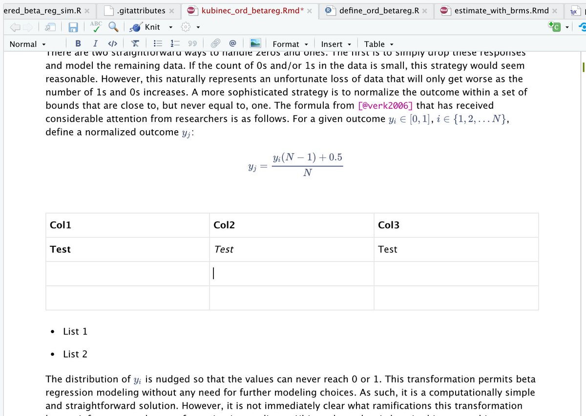 rmkubinec's tweet image. Wow. The beta version of @rstudio has a "visual editing" mode for Rmarkdown files. Basically converts Rstudio to a Word-like editor that makes it easy to do Markdown formatting/insert images/equations/bunch of other stuff. Download: rstudio.github.io/visual-markdow… #rstats