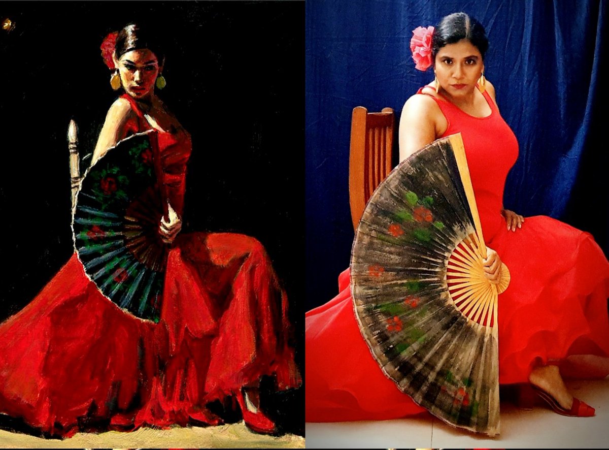 Didn't have a flamenco fan so painted the reverse side of a chinese fan(yeah most fauji homes have those)....made the flower from a woven plastic takeaway bag after dipping it in some red paint  #recreationrecycling