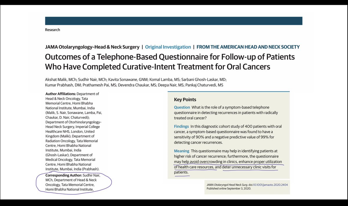 ACTREC-TMC (@actrec_tmc) on Twitter photo Dr Sudhir Nair & colleagues from <a href="/TataMemorial/">Tata Memorial Hospital</a> <a href="/ACTREC_TMC/">ACTREC-TMC</a> provide compelling evidence of effectiveness & accuracy of symptom-based telephonic follow-up in cancer patients in <a href="/JAMAOto/">JAMA Otolaryngology – Head & Neck Surgery</a> ! Hugely important at all times but especially during #COVID
jamanetwork.com/journals/jamao… Dr Sudhir Nair & colleagues from <a href="/TataMemorial/">Tata Memorial Hospital</a> <a href="/ACTREC_TMC/">ACTREC-TMC</a> provide compelling evidence of effectiveness & accuracy of symptom-based telephonic follow-up in cancer patients in <a href="/JAMAOto/">JAMA Otolaryngology – Head & Neck Surgery</a> ! Hugely important at all times but especially during #COVID
jamanetwork.com/journals/jamao…