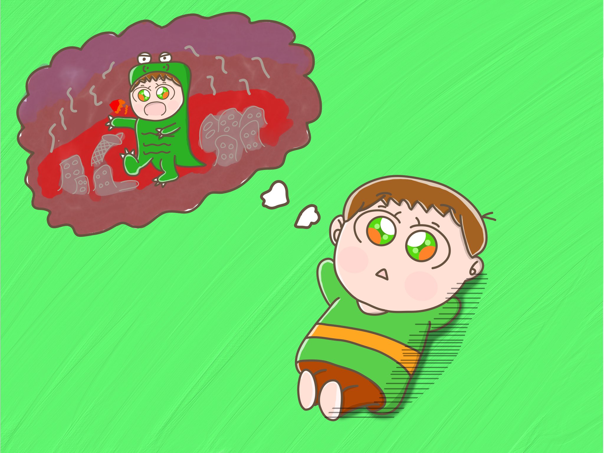 Aki かわいい子供 動物イラスト描きます 空想に思いふけっている男の子 もしも僕が怪獣だったら イラストレーター イラスト 毎日イラスト 子供 男の子 妄想 怪獣 かわいい イラスト好きな人と繋がりたい 絵描きさんと繋がりたい