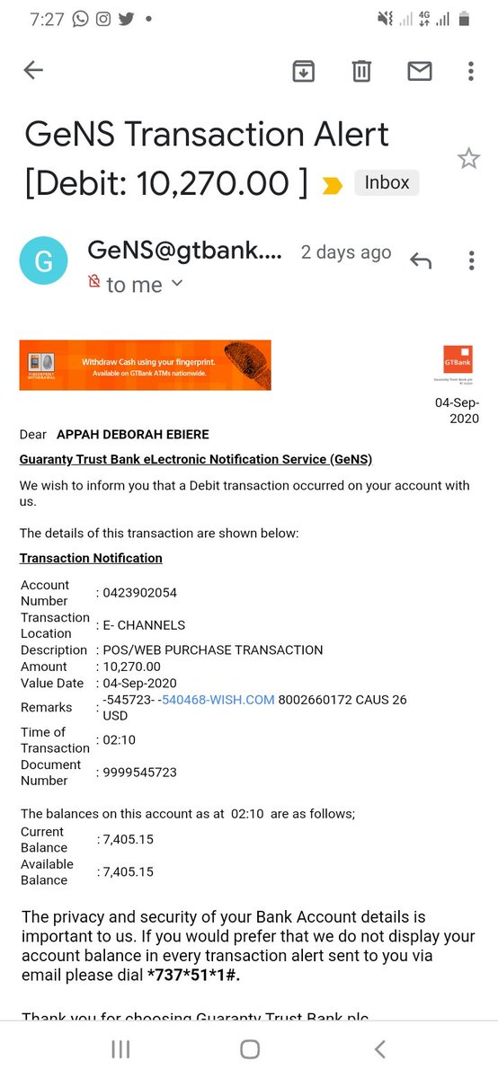 AppahDeborah's tweet photo. @gtbank On my way to the bank on friday, I got another debit alert. I got to the bank &amp; was attended to, &amp; was told they've blocked it for me. I should give them 5 working days to investigate. https://t.co/yDlGqHWW8F
