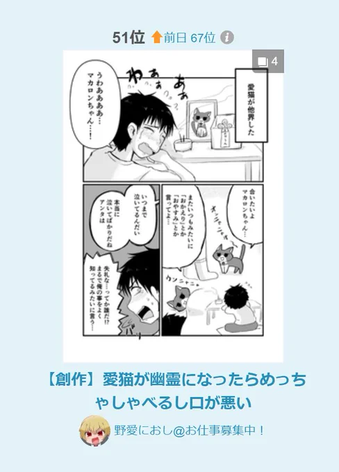 pixiv漫画ランキング51位に入りました!やったー!
創作読み切りの投稿久々だったからちょっと心配だったけど、いっぱい読んでもらえて嬉しい! https://t.co/Q2F3L2E5aq 