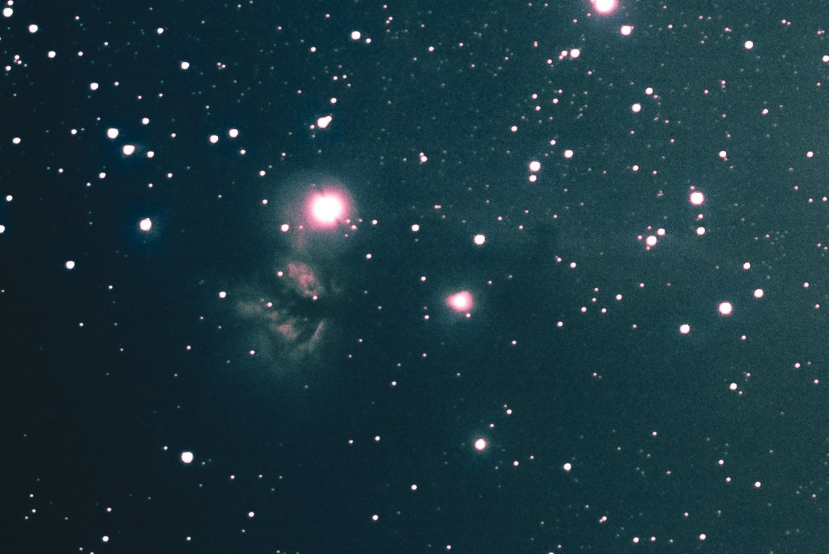 Flame Nebula and just faintly to the right the Horsehead Nebula