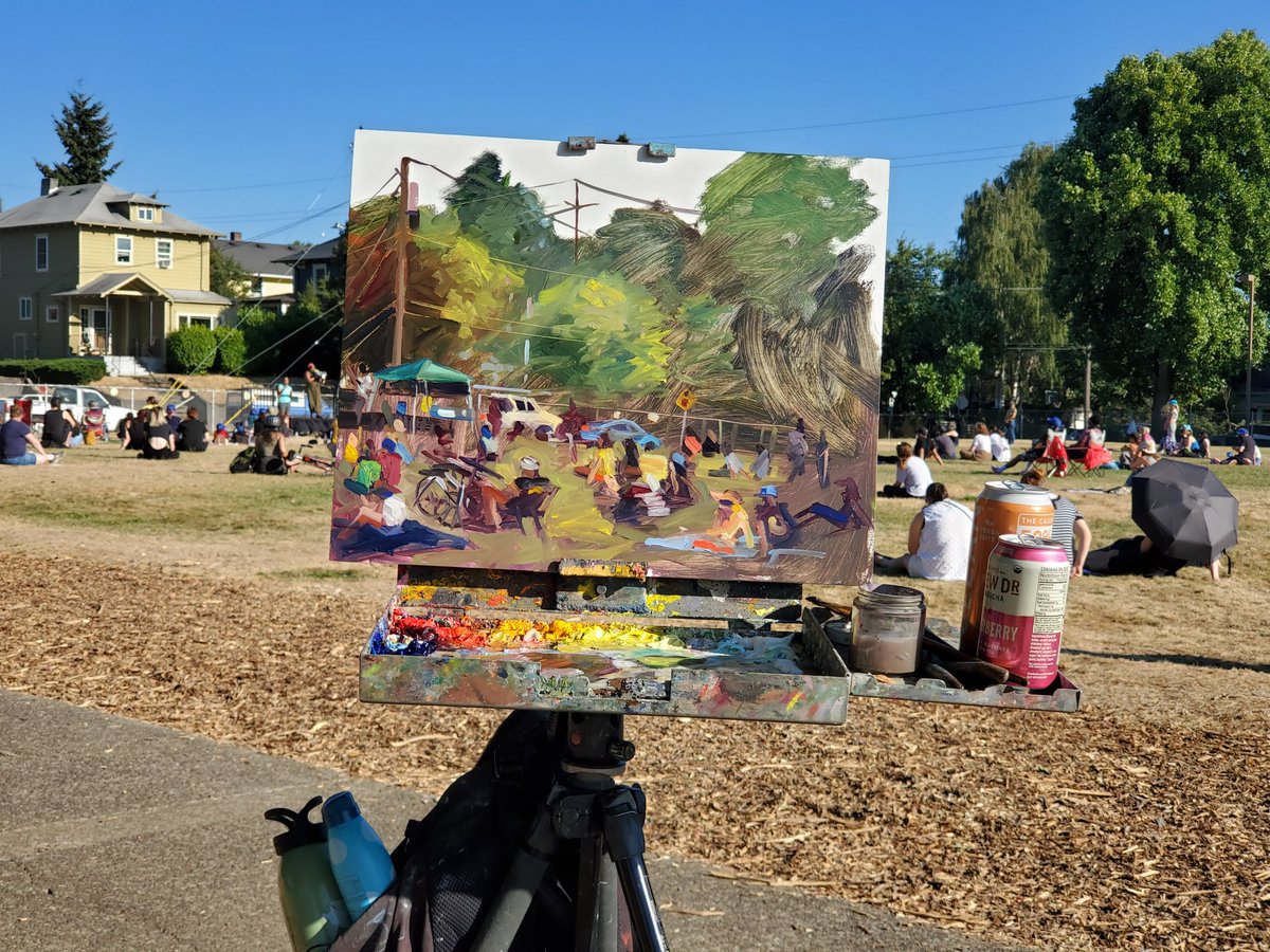 Capturing the moment with oil paint on day 100 of #PortlandProtests #pdxprotest A beautiful sight to witness as the Portland community comes together in support of #BlackLivesMatter 
#oilpainting #pleinair #pdxart