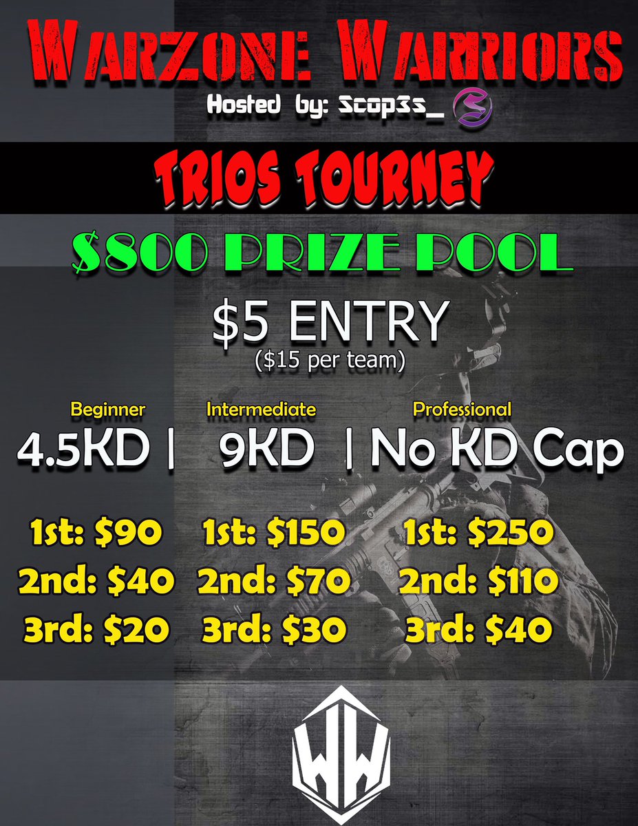 Scop3s_'s tweet photo. #WarzoneWarriors is back with DOUBLE the prize pool! Tag your 2 best friends and Slay out in TRIOS this Friday! Website will be up and running soon! https://t.co/fB20WqN6Fb