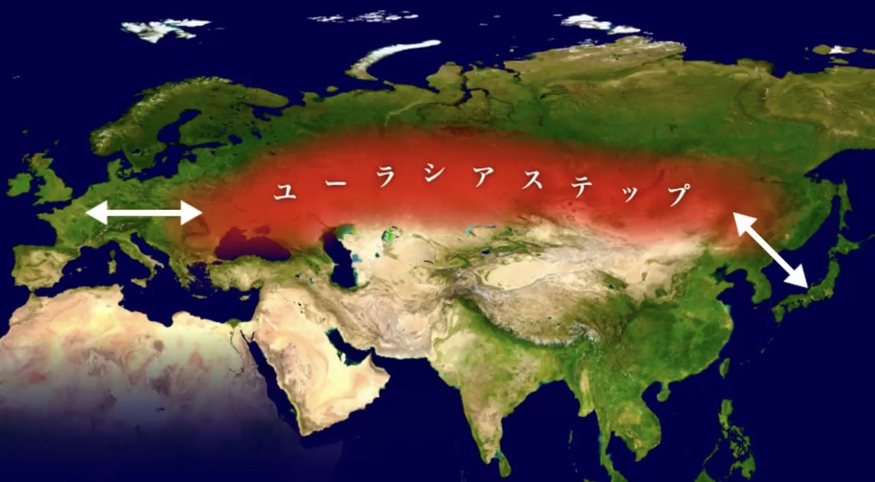 八 肩 ユーラシア大陸における 草原の生物地理学的地域の ことをユーラシアステップという 屈強な遊牧民が移動しやすく 昔から戦が絶えない なのでその周辺諸国は 発展段階で入れ替わるので 発展しにくい環境であった 日本と欧州はそれらの影響が