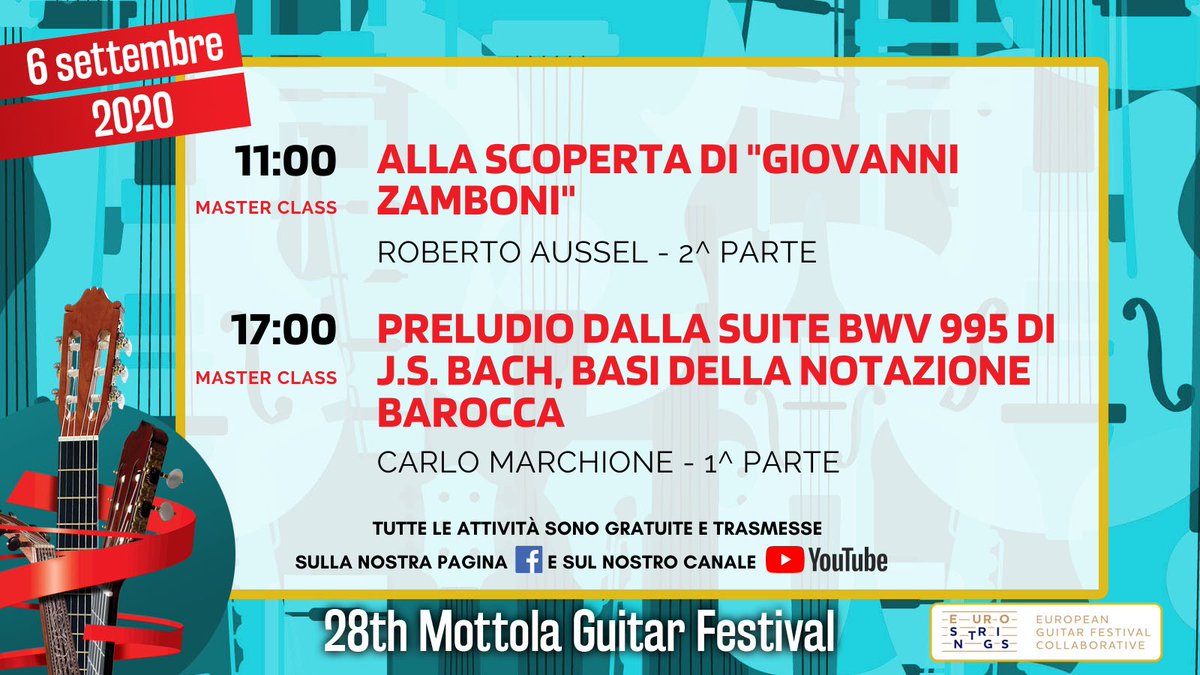 MottolaFestival's tweet photo. Benvenuti alla seconda giornata del nostro festival online!
Ecco gli appuntamenti di oggi...

Segui la diretta su
👉https://t.co/3r29NA9twB
👉 https://t.co/WYBrCStHrR
👉Segui l'evento su https://t.co/37TrdkADee
-
#mottolaguitarfestival #EuroStrings #CreativeEurope https://t.co/ygNnQRtjfP