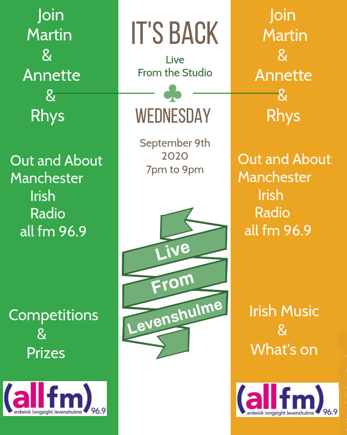 We are back live in the studio after 25 weeks of pre-recorded shows this Wed 9th Sept on <a href="/ALLFM/">ALL FM 96.9</a> all fm 96.9 from 7pm till 9pm. 
Give us a call on 0161 248 6767 or 07706682622 it would be lovely to hear you on the telephone once again after 25 weeks. <a href="/CareyAnnette/">Annette logan</a> <a href="/irishinuktv/">The Irish in the uk TV on SKY 186</a>