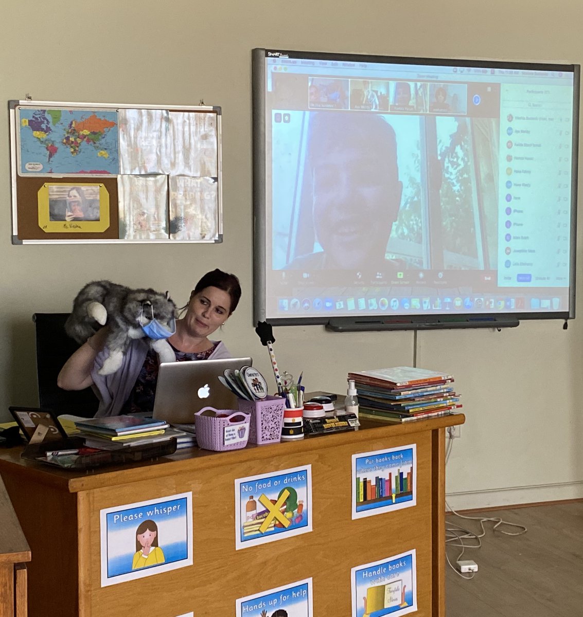 ES Librarian first session with her students online, as she introduce her special library friend, Mr. Wolfie with mask on. #aislibrarian #aiselementary #aisegypt #internationalschools #esoleducationschools #esoleducation #bethereforeachother