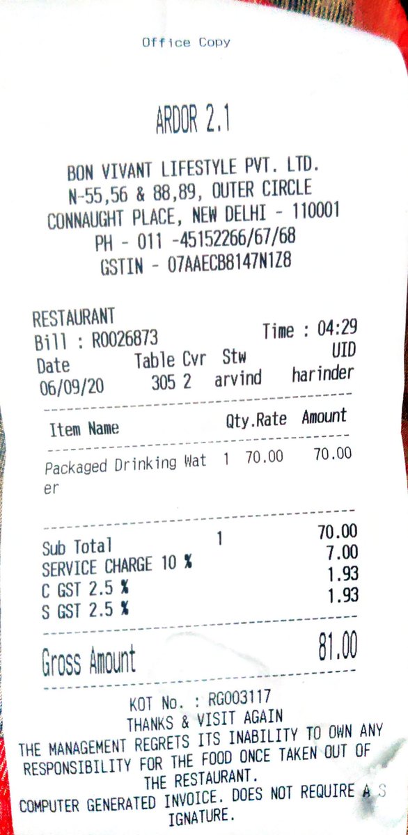CitationsMini's tweet photo. @iramvilaspaswan @OfficeOfGSS @SonuSood @PMOIndia @rashtrapatibhvn @smritiirani @ArvindKejriwal @BJP4Delhi @CMODelhi I went for lunch in Ardor2.1 CP, ordered Thali and asked for water.
They didn't have Thali but they charged me Rs81 for a 20rs water bottle. Is it Legal??? https://t.co/6B782SEsH3