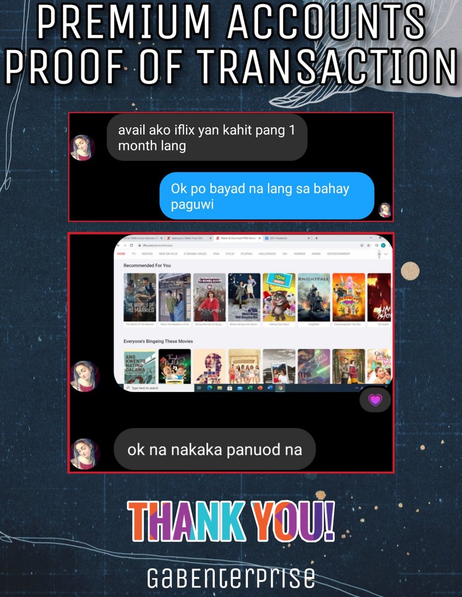 GabEnterprise's tweet photo. IFLIX FOR 1 MONTH! THANK YOU FOR YOUR PURCHASE! TIL OUR NEXT TRANSACTION! GOD BLESS! 🥰 https://t.co/F6eMj1eFjF