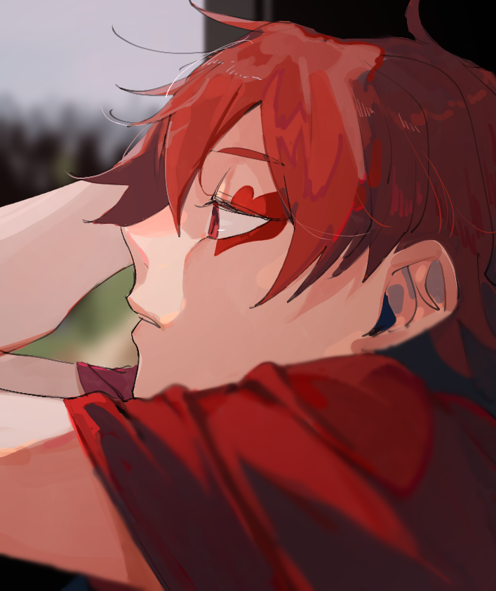 1boy male focus solo red hair red eyes blurry red shirt  illustration images