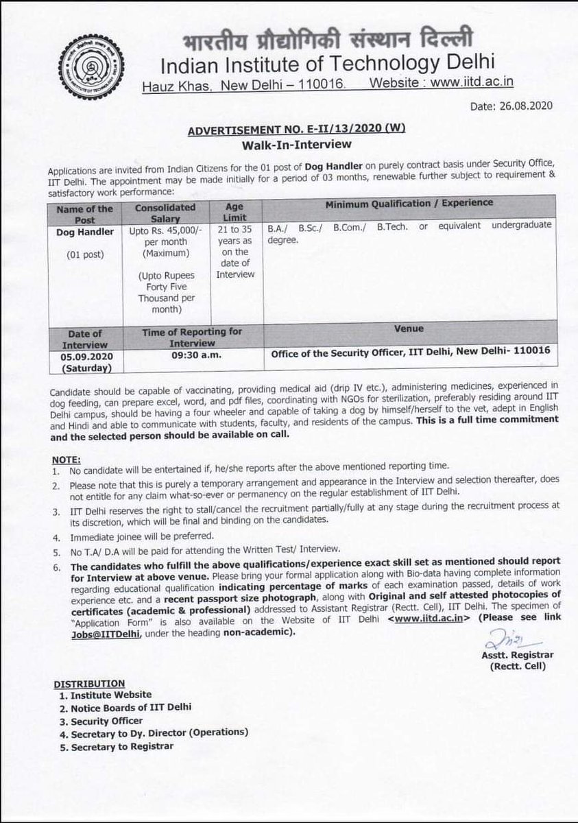 Sarangbrahme's tweet photo. A dog handler job at IIT Delhi can pay you upto 45k. https://t.co/idAy2m5bgL