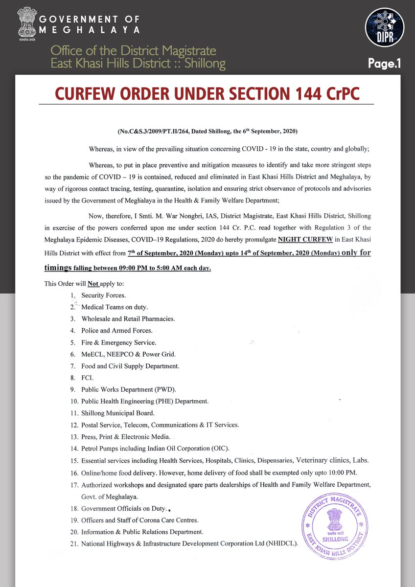 DiprMeghalaya's tweet photo. #CurfewOrder issued by the District Magistrate, #EastKhasiHillsDistrict, Government of #Meghalaya.
6th August 2020
@JamesSangma1 @SangmaConrad https://t.co/RhTDNtzxn2