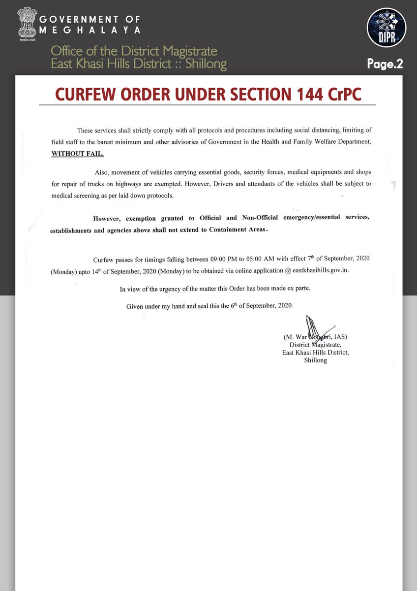 DiprMeghalaya's tweet photo. #CurfewOrder issued by the District Magistrate, #EastKhasiHillsDistrict, Government of #Meghalaya.
6th August 2020
@JamesSangma1 @SangmaConrad https://t.co/RhTDNtzxn2