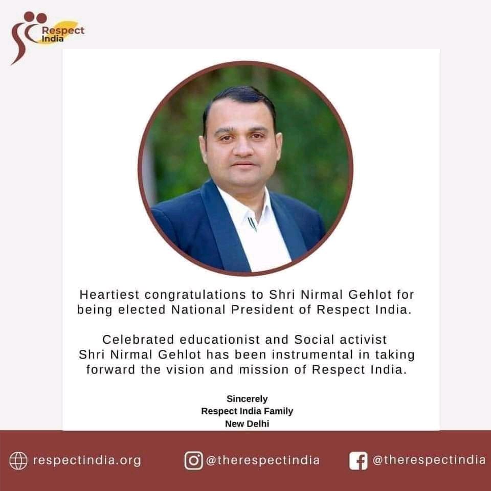 Saini Samaj's pride, heartfelt congratulations and best wishes to the great philanthropist and educationist  Respected Nirmal Gehlot ji on becoming the National President of Respect India.
💐💐💐💐💐💐💐💐
@NirmalUtkarsh @saini_samaj_ 
@TarunSa24278554 @KaminiSaini_Bjp