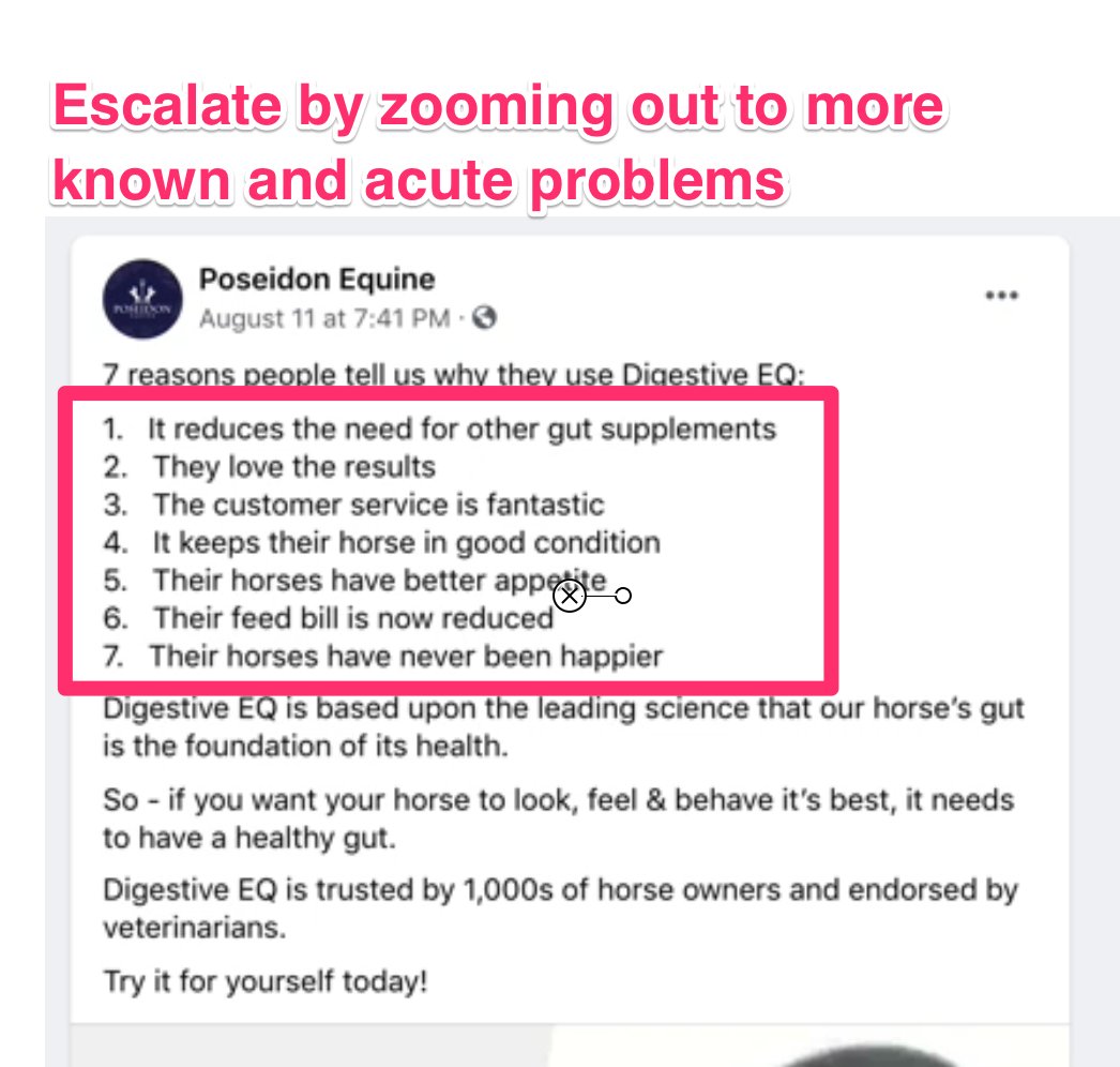 Issue #2: "Problem isn’t big enough"Symptoms:1. "Maybe I'll deal with that later" 2. Market seems too small Solution: Escalation.Rearrange their perspective by zooming out and focusing on another problem they are aware of and that depends on your solution. Example...