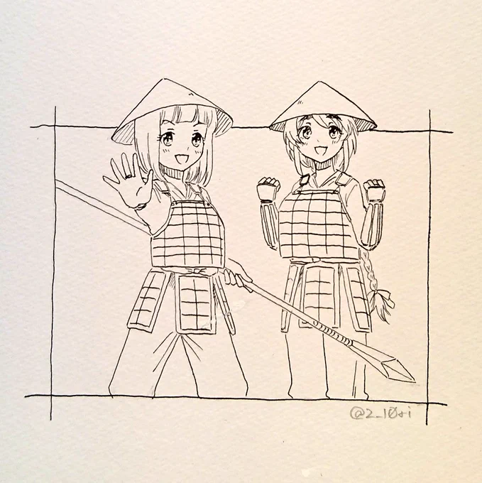 丹羽仁美さまと武将隊に一日体験入隊される相原雪乃お嬢さまの図 