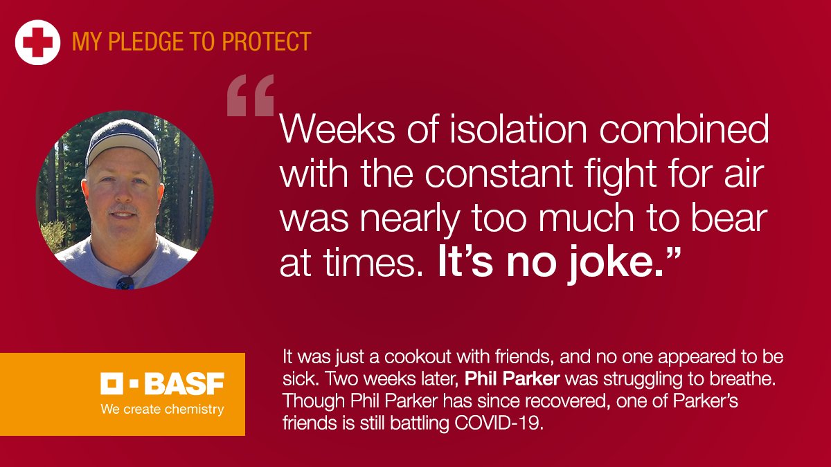 BASFCorporation's tweet photo. Handwashing, social distancing &amp; wearing masks are more important than ever. Phil Parker, a BASF employee in SC, shares his experience with COVID-19. Please join us in taking the #BASF_PledgeToProtect to slow the spread of COVID-19 in our communities. https://t.co/OlqIC9hJJv