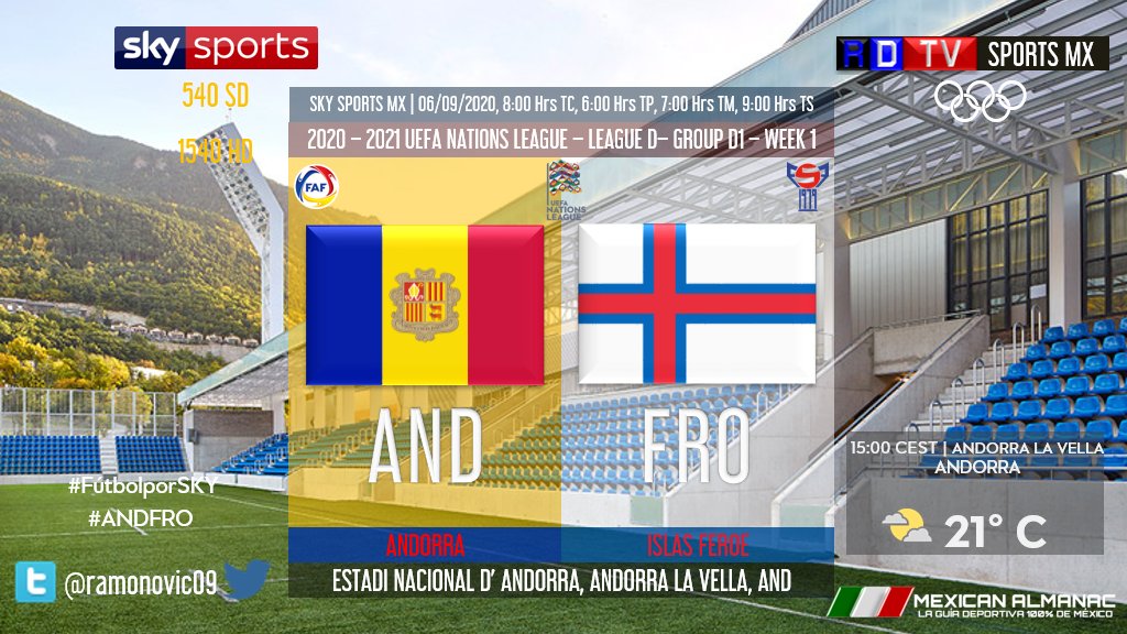 ramonovic09's tweet photo. #UEFANationsLeague #LeagueD #GroupD1 #Week1 | @Fedandfut 🆚 #FeroeIslands
🇦🇩 #Andorra 🇫🇴 #IslasFeroe
⏰En Vivo
📺 @SKYSportsMX 540 y 1540 HD
🎤 @MajolaB
#FutbolPorSKY #SanaDistancia #ANDFRO
🇲🇽 #MexicanAlmanac https://t.co/BPqxmqAYDB