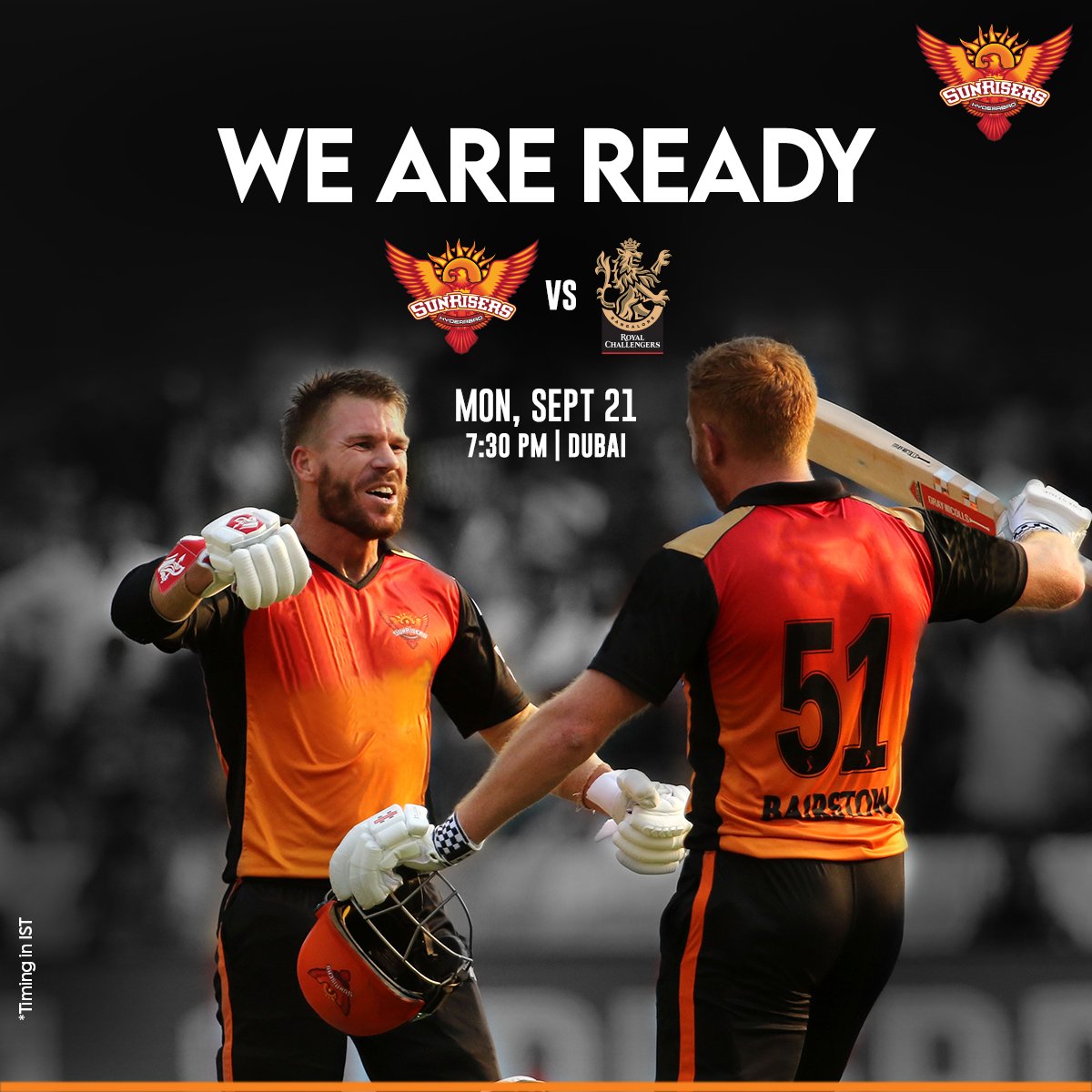 SunRisers's tweet photo. Date fix ayindi, satta chupe time vochindi 💥🔥

#OrangeArmy #Dream11IPL #IPL2020 @davidwarner31 @jbairstow21 https://t.co/s0EFrHSCq4