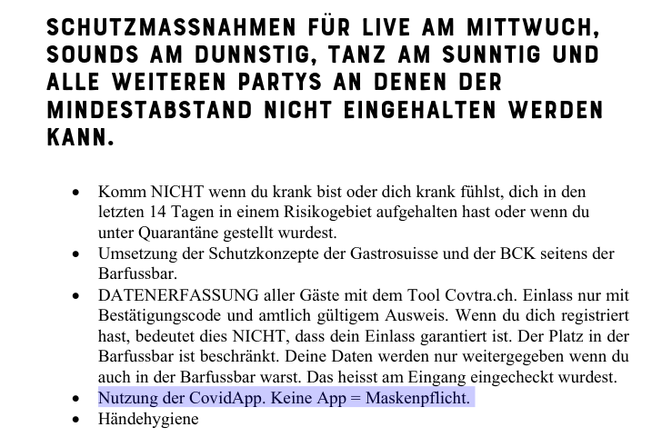 vecirex's tweet photo. #SwissCovid-App-Zwang:

Die #Barfussbar im Kanton Zürich verlangt 
- entweder Maske
ODER
- Swiss-Covid-App.
📄 https://t.co/OOKWCB9KZn (PDF)

Das ist gemäss den gesetzlichen Grundlagen im Epidemiengesetz *illegal*. https://t.co/3bl9OsnzjR