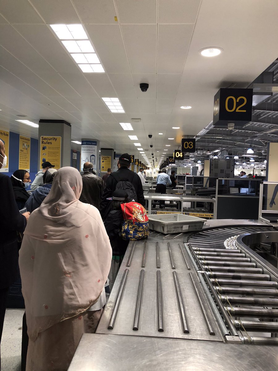 Travel experience <a href="/ManchesterAirp/">ManchesterAirport</a> T1 yesterday appalling. No fast track security, no distancing, filthy trays, one belt open, one queue for all flights (Islamabad, Dalaman, Palma). Felt v unsafe and exposed. Palma airport clean, efficient in contrast.